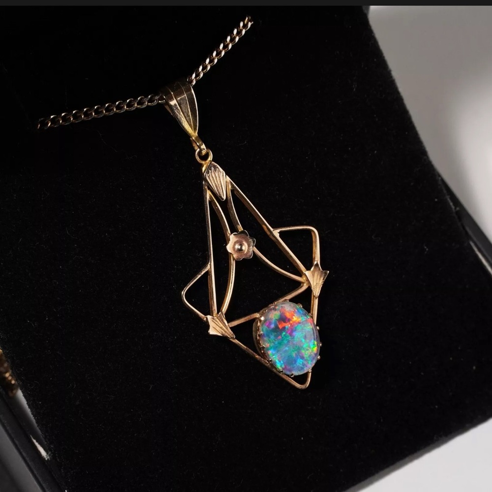 Antique Art Nouveau Australian Opal Triplet Lavaliere Pendant 9K Gold Art Deco - Picture 9 of 15